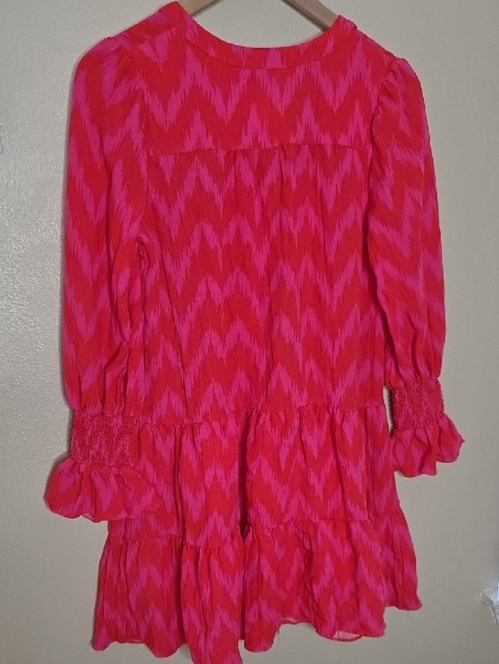 Pomander Place Kenzo Mini Dress Hot Pink Ikat Women’s Small Boho Tiered Preppy - Picture 5 of 9